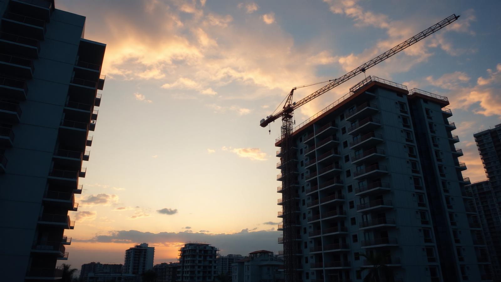 New apartment construction at sunset with a crane overhead