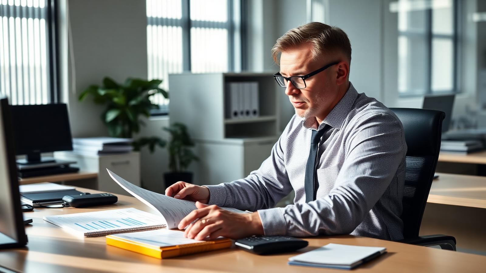 A finance officer reviewing budget reports at a desk