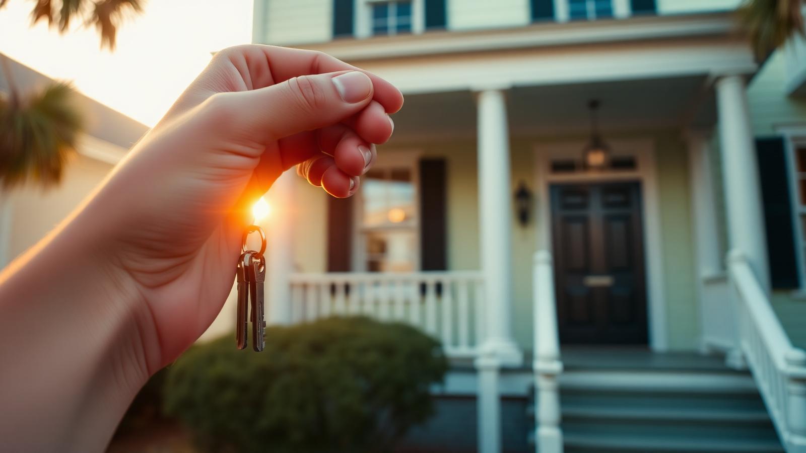 A hand holding keys in front of a Charleston rental home at golden hour