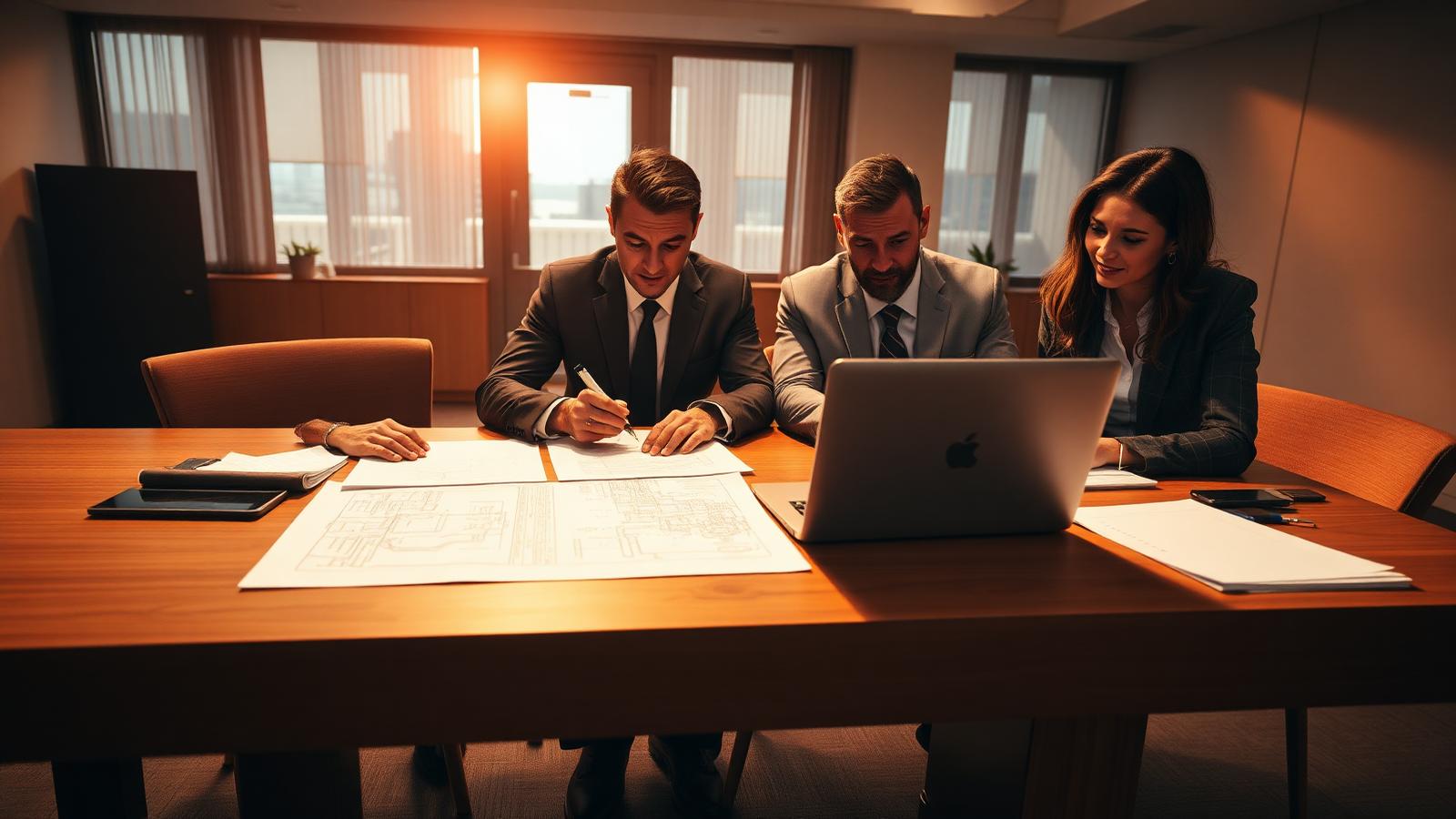 Contractors reviewing plans and signing documents at a conference table