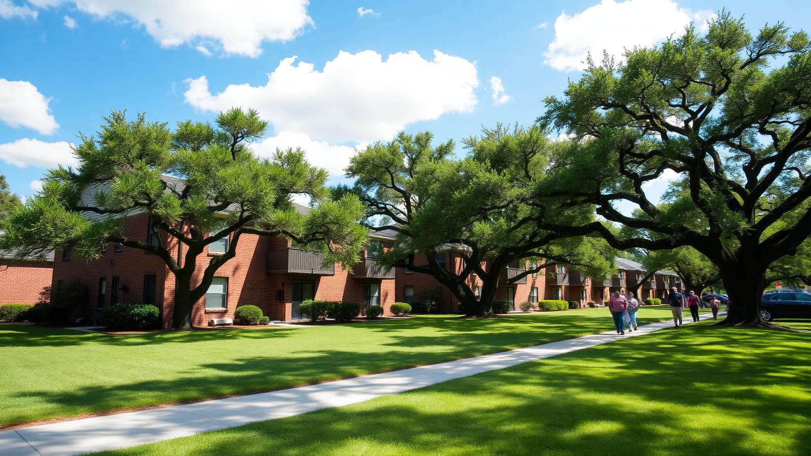 A well-kept brick apartment community shaded by live oaks