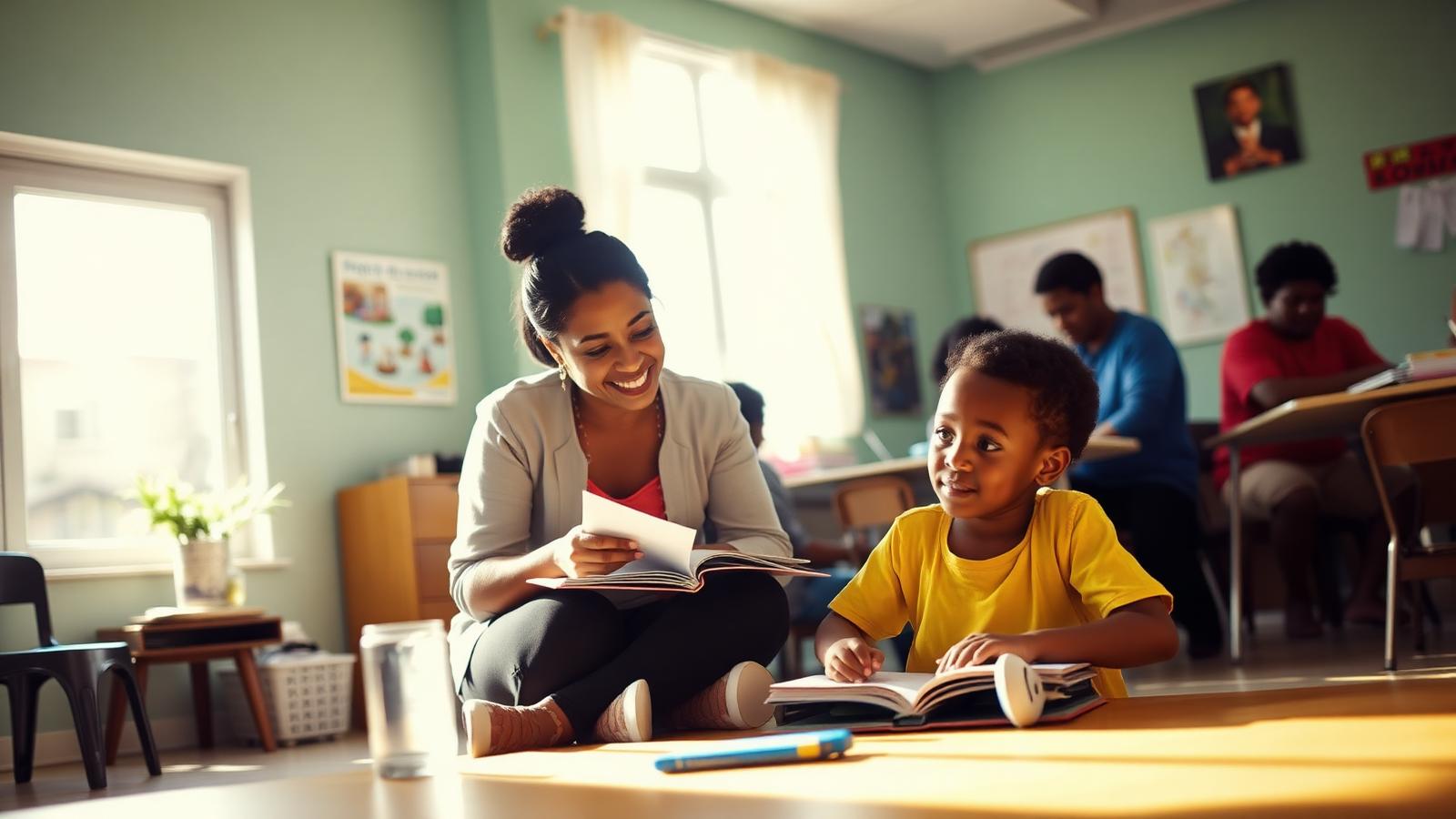 A case worker reading with a child in a community center