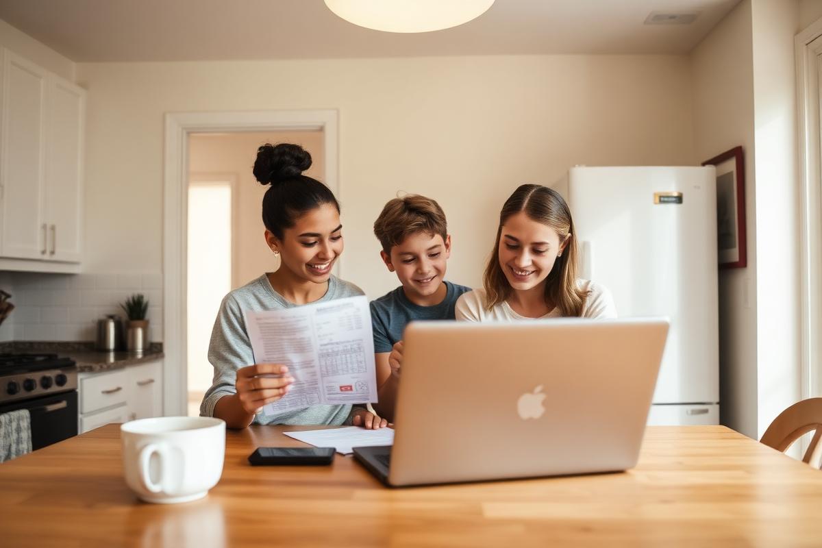 A family reviewing rental paperwork together at a kitchen table