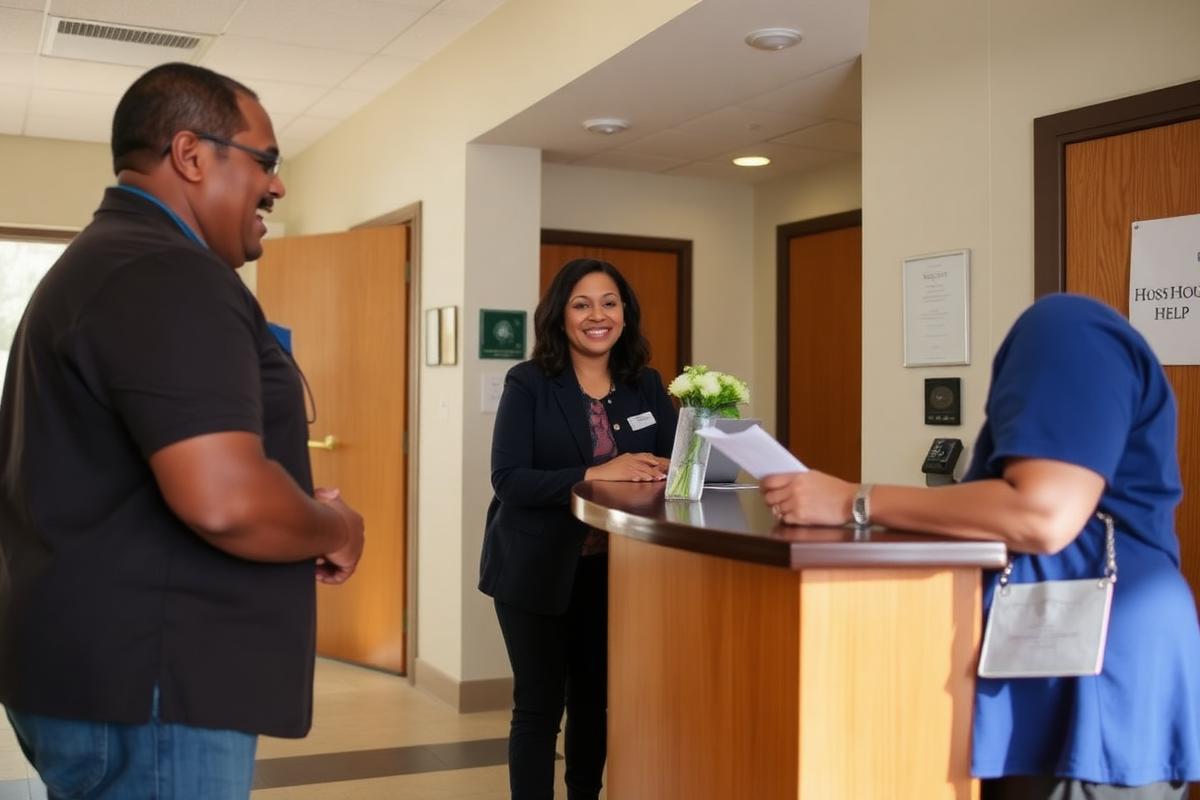 A CHA staff member helping a resident at the front-desk help counter