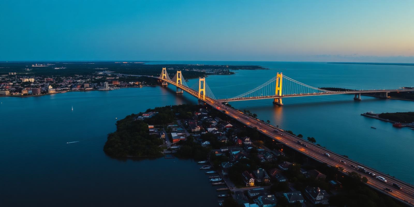 Aerial dusk view of Charleston and the Arthur Ravenel Jr. Bridge