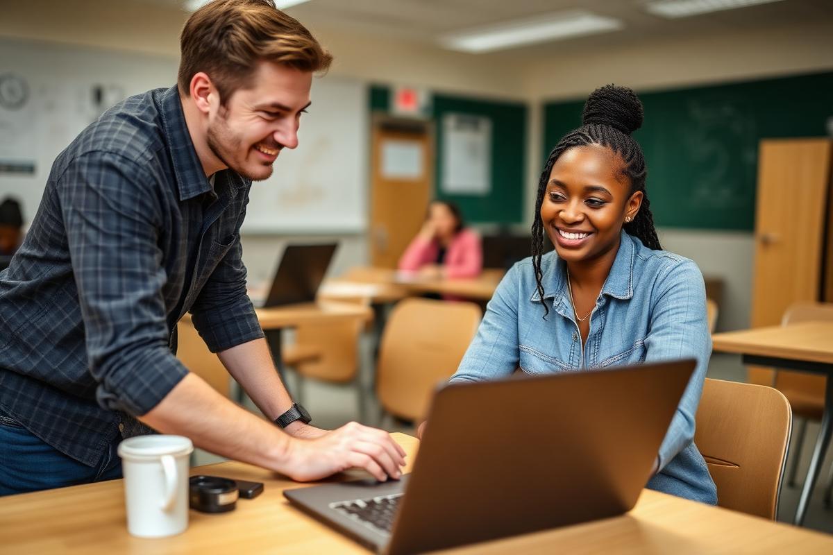 A coach helping a resident plan savings goals on a laptop
